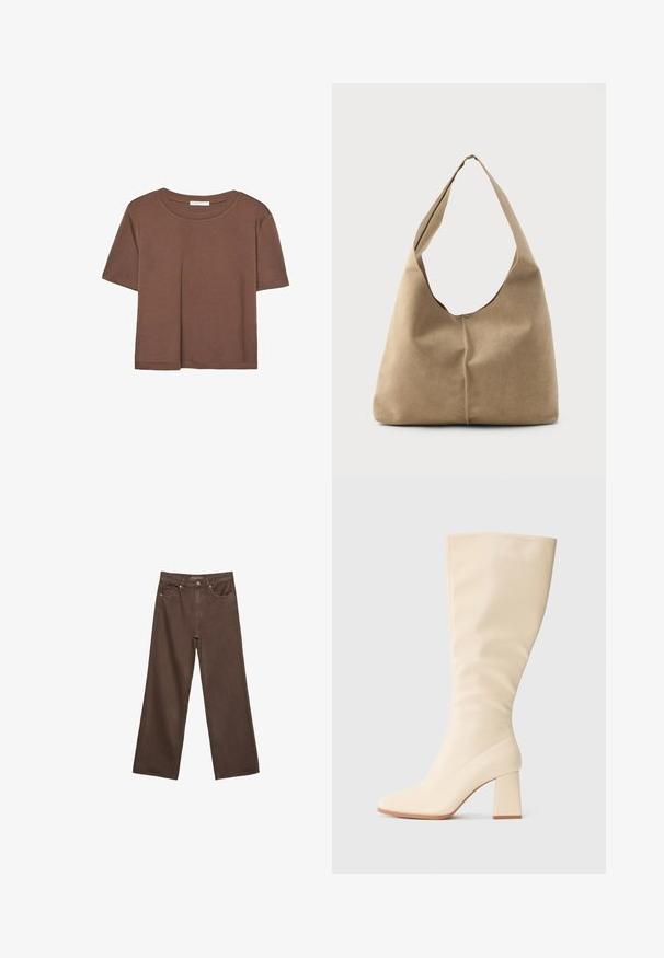 Brun kortærmet t-shirt lavet af blødt stof, med rund halsudskæring og afslappet pasform. Ingen synlige mønstre eller detaljer.; Bredde ben brun denim jeans med høj talje, forlommer og klassisk knaplukning. Glat tekstur med diskret syninger.; Cremefarvet knælange støvle med blokhæl og glat overflade, vist i sideprofil på en ensfarvet baggrund.; Hobo taske i blød beige ruskind med en afslappet form, bred skulderrem og håndsyet sømdetalje langs fronten.