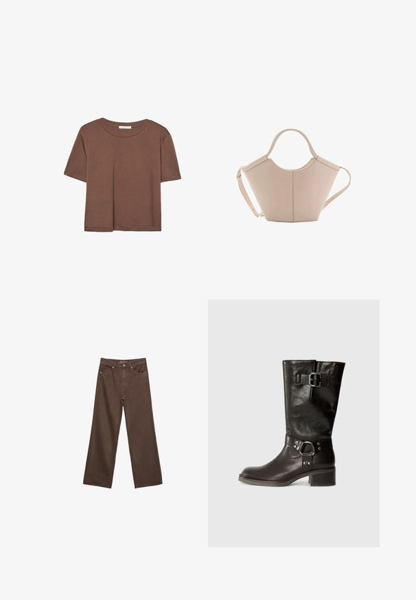 Hnedé tričko s krátkym rukávom vyrobené z jemného materiálu, s okrúhlym výstrihom a voľným strihom. Žiadne viditeľné vzory ani akcenty.; Džínsy s širokými nohavicami v hnedej farbe, vyrobené z denimu, so zvýšeným pásom, prednými vreckami a klasickým zapínaním na gombík. Hladká textúra s jemným prešívaním.; Hnedá kožená vysoká čižma s okrúhlou špičkou, bočnými prackami a hrubým opätkom. Hladká textúra s kovovými detailmi na remienku.; Béžová kožená kabelka s unikátnym tvarom, vybavená dvoma krátkymi uchami a jedným dlhým nastaviteľným popruhom. Hladký povrch s minimálnym kovovým príslušenstvom.