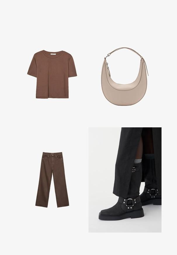 Rjava kratka majica s kratkimi rokavi iz mehkega materiala, s krožnim izrezom in ohlapnim krojem. Brez vidnih vzorcev ali dodatkov.; Široke rjave kavbojke iz denima, ki imajo visok pas, sprednje žepe in klasično zapiranje na gumb. Gladka tekstura s subtilnim šivom.; Črne gležnjarje iz usnja z mat finišem, kvadratnim nosom in dekorativnimi sponkami. Podplat je masiven in teksturiran.; Bež usnjena torba za rame v obliki kružnice, z gladko teksturo in eno ukrivljeno zanko. Ima zadrgo in urejen šiv.
