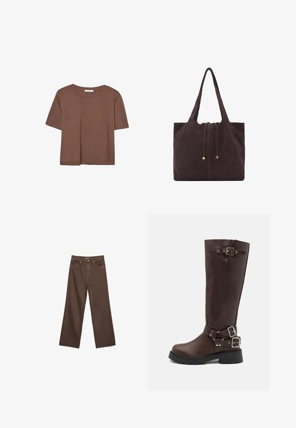 Rjava kratka majica s kratkimi rokavi iz mehkega materiala, s krožnim izrezom in ohlapnim krojem. Brez vidnih vzorcev ali dodatkov.; Široke rjave kavbojke iz denima, ki imajo visok pas, sprednje žepe in klasično zapiranje na gumb. Gladka tekstura s subtilnim šivom.; RAID WESTINN - Škornji s platformo - brown; Mango Torba za nakupovanje - dark brown