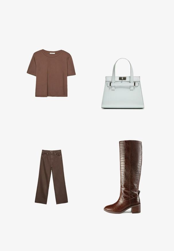 Hnedé tričko s krátkym rukávom vyrobené z jemného materiálu, s okrúhlym výstrihom a voľným strihom. Žiadne viditeľné vzory ani akcenty.; Džínsy s širokými nohavicami v hnedej farbe, vyrobené z denimu, so zvýšeným pásom, prednými vreckami a klasickým zapínaním na gombík. Hladká textúra s jemným prešívaním.; L37 SIMPLE LIFE - Čižmy - brown; Svetlomodrá kabelka so štruktúrovaným dizajnom, dvomi uchami a striebornou kovovou prackou. Textúrovaný materiál a ostré rohy.