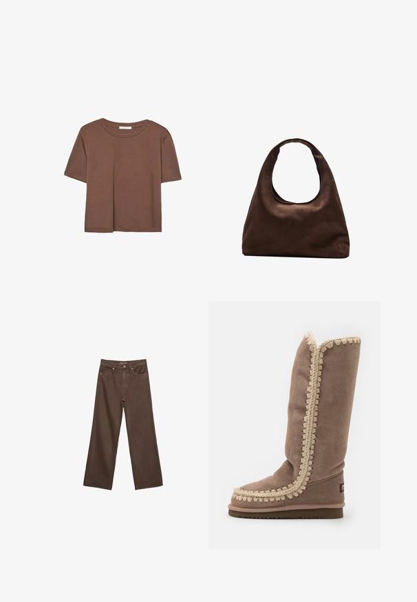 Smeđi kratki rukav majica od mekog materijala, s okruglim izrezom i opuštenim krojem. Nema vidljivih uzoraka ili naglasaka.; Proširene smeđe traperice od denima, s visokim strukom, prednjim džepovima i klasičnom kopčom na dugme. Glatka tekstura s suptilnim šavovima.; Visoka smeđa antilop čizma s složenim bež šavovima uz rub, zaobljenim vrhom i ravnim đonom. Jednostavan, elegantan dizajn.; Meka mekana smeđa torba hobo stila s jednim širokim remenom i zakrivljenim otvaranjem na vrhu, prikazana na bijeloj pozadini.
