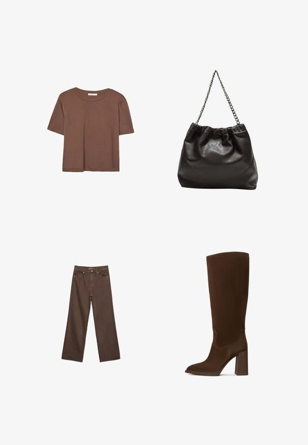 Brun kortærmet t-shirt lavet af blødt stof, med rund halsudskæring og afslappet pasform. Ingen synlige mønstre eller detaljer.; Bredde ben brun denim jeans med høj talje, forlommer og klassisk knaplukning. Glat tekstur med diskret syninger.; Brune knæhøje støvler lavet af glat materiale, med spids tå og firkantet hæl. Syningsdetaljer forbedrer det elegante design.; Brun lædertaske med en rynket top og en kædestrop. Glat tekstur med en blank finish og subtile sømdetaljer på siderne.