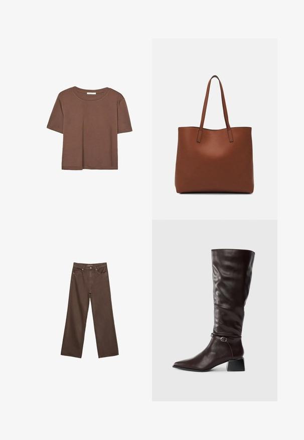 Hnedé tričko s krátkym rukávom vyrobené z jemného materiálu, s okrúhlym výstrihom a voľným strihom. Žiadne viditeľné vzory ani akcenty.; Džínsy s širokými nohavicami v hnedej farbe, vyrobené z denimu, so zvýšeným pásom, prednými vreckami a klasickým zapínaním na gombík. Hladká textúra s jemným prešívaním.; Vysoká tmavohnedá kožená čižma s špicatou špičkou, malým prackovým popruhom okolo členku a nízkym blokovým podpätkom na bielom pozadí.; Hnedá kožená taška na rameno s hladkou textúrou, otvoreným vrchom a dvoma ramenými popruhmi. Má minimálne šitia a žiadne viditeľné kovania.