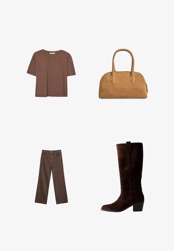 Maglietta a maniche corte marrone realizzata in tessuto morbido, con scollatura rotonda e vestibilità rilassata. Nessun motivo o dettaglio visibile.; Jeans a gamba larga marroni in denim, con vita alta, tasche anteriori e chiusura a bottone classica. Tessuto liscio con cuciture sottili.; Stivale marrone in suede al ginocchio con punta affilata e tacco basso a blocco. Presenta una cucitura decorativa e dettagli di cucitura lungo l'asta.; Borsa a tracolla in suede beige con una forma strutturata, caratterizzata da due manici e ritagli triangolari, e una chiusura con zip sulla parte superiore.