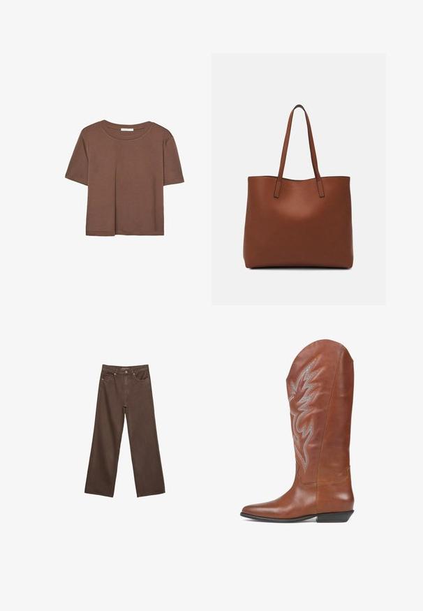 Kahvinsävyinen lyhythihainen t-paita, joka on valmistettu pehmeästä kankaasta. Pyöreä pääntie ja rento malli. Ei näkyviä kuvioita tai koristeita.; Leviittävät ruskeat farkut, jotka on valmistettu denimistä, korkea vyötärö, etutaskut ja klassinen nappikiinnitys. Silkkinen pinta hienovaraisella ompelutyöllä.; Ruskeat nahkasaappaat, joissa on terävä kärki, keskipitkä varsi, koristeelliset liekkikirjonnat hopean ja oranssin sävyissä, sekä matala, viistosti leikattu korko.; Ruskea nahkainen olkalaukku, jossa on sileä pinta, avoin yläosa ja kaksi olkahihnaa. Omaavat vain minimaalisen ompelun eikä näkyvää metalliosaa.