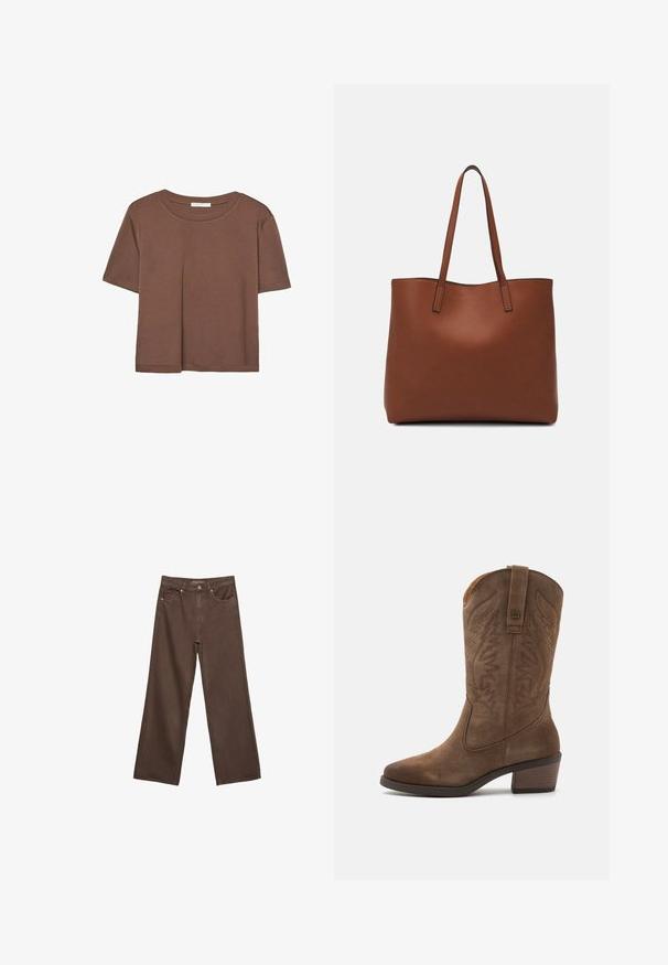 Braunes, kurzärmliges T-Shirt aus weichem Material mit rundem Halsausschnitt und lockerer Passform. Keine sichtbaren Muster oder Akzente.; Weite braune Jeans aus Denim, mit hoher Taille, Fronttaschen und klassischem Knopfverschluss. Glatte Textur mit feinen Nähten.; mtng TEO - Cowboy-/Bikerboot - siena; Braune Leder-Tote mit glatter Textur, offenem Oberteil und zwei Schulterriemen. Verfügt über minimale Nähte und keine sichtbaren Beschläge.