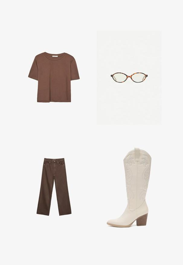 Brązowa koszulka z krótkim rękawem, wykonana z miękkiego materiału, z okrągłym dekoltem i luźnym krojem. Brak widocznych wzorów lub akcentów.; Szerokie brązowe dżinsy wykonane z denimu, z wysokim stanem, przednimi kieszeniami i klasycznym zapięciem na guzik. Gładka faktura z subtelnym przeszyciem.; Kowbojskie buty ze skóry białej do kolan z haftowanymi kwiatowymi wzorami, spiczastym noskiem i drewnianym, warstwowym obcasem. Gładka tekstura i elegancki design.; Okulary w kolorze tortoiseshell z owalnymi soczewkami i gładkim, eleganckim wykończeniem. Posiadają cienkie boki z delikatnym łukiem w okolicy skroni. Przezroczyste soczewki.