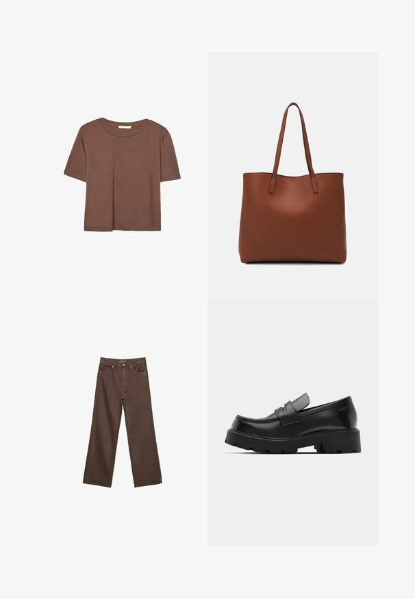 Smeđi kratki rukav majica od mekog materijala, s okruglim izrezom i opuštenim krojem. Nema vidljivih uzoraka ili naglasaka.; Proširene smeđe traperice od denima, s visokim strukom, prednjim džepovima i klasičnom kopčom na dugme. Glatka tekstura s suptilnim šavovima.; Crne kožne mokasine s debelim teksturiranim potplatom, s trakicom preko prednjeg dijela i glatkom, poliranom završnom obradom.; Smeđa kožna torba preko ramena s glatkom teksturom, otvorenim vrhom i dvjema naramenicama. Ima minimalne šavove i nema vidljivog hardvera.