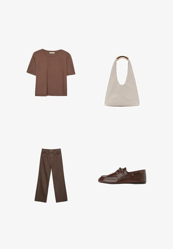 Hnedé tričko s krátkym rukávom vyrobené z jemného materiálu, s okrúhlym výstrihom a voľným strihom. Žiadne viditeľné vzory ani akcenty.; Džínsy s širokými nohavicami v hnedej farbe, vyrobené z denimu, so zvýšeným pásom, prednými vreckami a klasickým zapínaním na gombík. Hladká textúra s jemným prešívaním.; Hnedé kožené slip-on topánky s hladkou textúrou, vybavené ozdobným šitím a okrúhlymi dierkami. Plochá podošva s okrúhlym dizajnom špičky.; Svetlosivá kožená taška s U-tvarom a zakrivenou kovovou rukoväťou. Hladký povrch s minimálnym prešívaním a bez viditeľných vzorov.