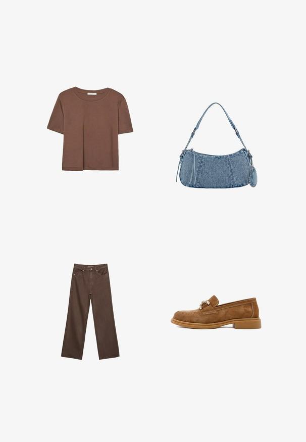 Braunes, kurzärmliges T-Shirt aus weichem Material mit rundem Halsausschnitt und lockerer Passform. Keine sichtbaren Muster oder Akzente.; Weite braune Jeans aus Denim, mit hoher Taille, Fronttaschen und klassischem Knopfverschluss. Glatte Textur mit feinen Nähten.; Braune Wildleder-Loafers mit niedrigem Gummiabsatz, ausgestattet mit dekorativer metallischer Hardware und kontrastierenden Nähten entlang des Obermaterials.; Denim-Handtasche mit geschwungener Form, hellblauer Farbe, verstellbarem Schultergurt und einem kleinen abnehmbaren Täschchen mit metallischen Akzenten.