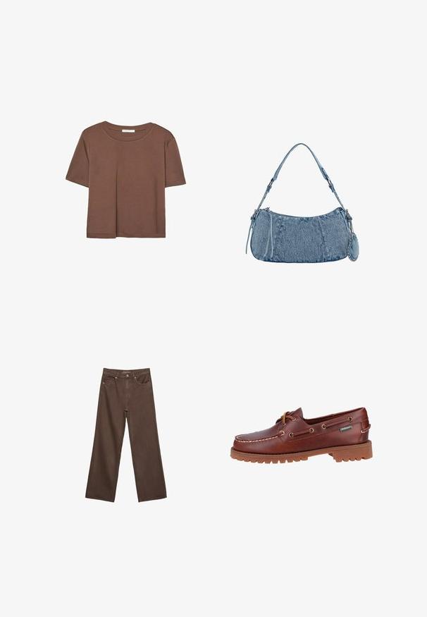 Braunes, kurzärmliges T-Shirt aus weichem Material mit rundem Halsausschnitt und lockerer Passform. Keine sichtbaren Muster oder Akzente.; Weite braune Jeans aus Denim, mit hoher Taille, Fronttaschen und klassischem Knopfverschluss. Glatte Textur mit feinen Nähten.; Braune Lederbootsschuhe mit runder Zehenform, Schnürdesign, Metallösen und strapazierfähiger Gummisohle. Mit weißer Naht und Markenetikett.; Denim-Handtasche mit geschwungener Form, hellblauer Farbe, verstellbarem Schultergurt und einem kleinen abnehmbaren Täschchen mit metallischen Akzenten.