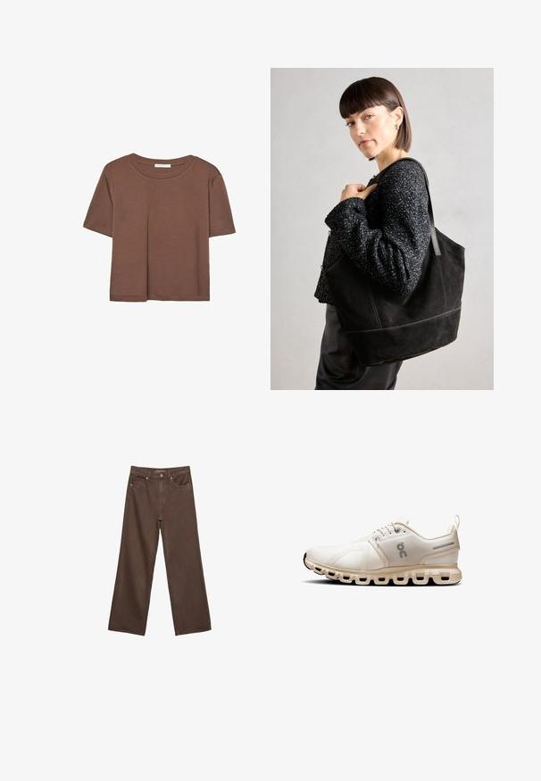 Kahvinsävyinen lyhythihainen t-paita, joka on valmistettu pehmeästä kankaasta. Pyöreä pääntie ja rento malli. Ei näkyviä kuvioita tai koristeita.; Leviittävät ruskeat farkut, jotka on valmistettu denimistä, korkea vyötärö, etutaskut ja klassinen nappikiinnitys. Silkkinen pinta hienovaraisella ompelutyöllä.; Vaalean beige urheilusandaalit, joissa on verkkomateriaali, minimalistinen muotoilu, pyöreä kärki ja pehmustettu pohja, jossa on segmentoituja aukkoja joustavuuden lisäämiseksi.; Musta mokkanahkainen laukku, jossa on sileä pinta, jämäkkä muoto ja kontrastivärinen ommel. Varustettu pitkillä hihnoilla olalla kantamista varten.