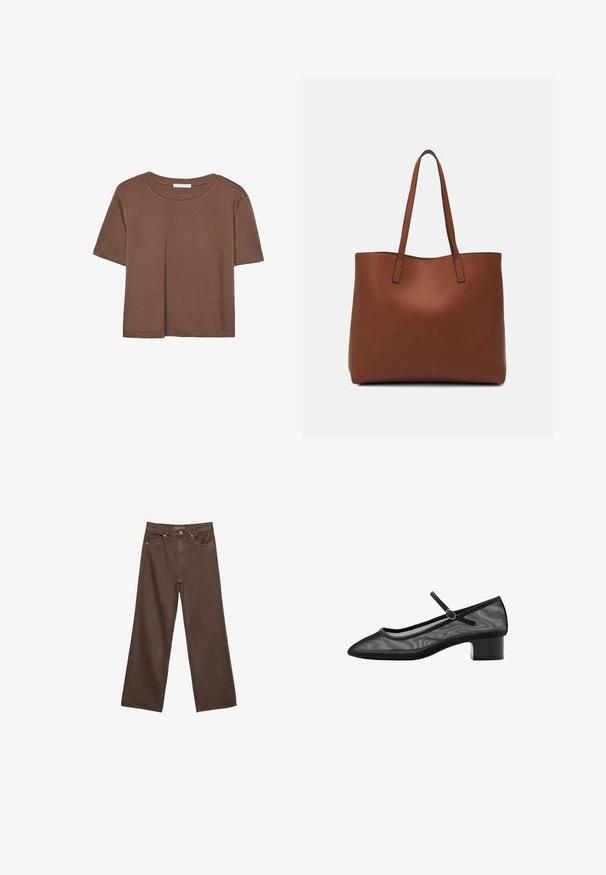 Kahvinsävyinen lyhythihainen t-paita, joka on valmistettu pehmeästä kankaasta. Pyöreä pääntie ja rento malli. Ei näkyviä kuvioita tai koristeita.; Leviittävät ruskeat farkut, jotka on valmistettu denimistä, korkea vyötärö, etutaskut ja klassinen nappikiinnitys. Silkkinen pinta hienovaraisella ompelutyöllä.; Musta verkkokenkä, jossa on terävä kärki, pieni tukikorko ja hihna yksityiskohtana nilkan ympäri. Ominaisuuksina sileä pinta ja minimalistinen muotoilu.; Ruskea nahkainen olkalaukku, jossa on sileä pinta, avoin yläosa ja kaksi olkahihnaa. Omaavat vain minimaalisen ompelun eikä näkyvää metalliosaa.