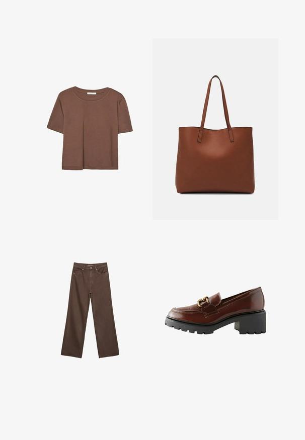 Kahvinsävyinen lyhythihainen t-paita, joka on valmistettu pehmeästä kankaasta. Pyöreä pääntie ja rento malli. Ei näkyviä kuvioita tai koristeita.; Leviittävät ruskeat farkut, jotka on valmistettu denimistä, korkea vyötärö, etutaskut ja klassinen nappikiinnitys. Silkkinen pinta hienovaraisella ompelutyöllä.; Ruskea nahkaloaferi, jossa on pyöreä kärki, koristeellinen kultaiset yksityiskohdat ja paksu musta plattopohja, jossa on teksturoitu pinta.; Ruskea nahkainen olkalaukku, jossa on sileä pinta, avoin yläosa ja kaksi olkahihnaa. Omaavat vain minimaalisen ompelun eikä näkyvää metalliosaa.