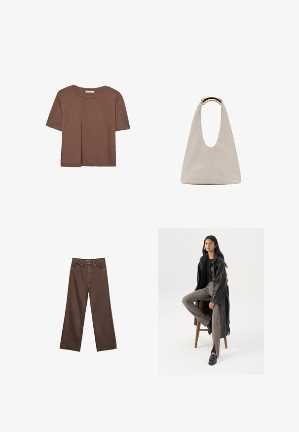 Smeđi kratki rukav majica od mekog materijala, s okruglim izrezom i opuštenim krojem. Nema vidljivih uzoraka ili naglasaka.; Proširene smeđe traperice od denima, s visokim strukom, prednjim džepovima i klasičnom kopčom na dugme. Glatka tekstura s suptilnim šavovima.; Crni kožni trench kaput s gumbima i detaljima na remenu, uparen s svijetlosmešavim uskim hlačama i crnim loafericama, sjedeći na drvenoj stolicu.; Svijetlosivi kožni torba s oblikom u slovo U i zakrivljenim metalnim drškom. Glatka tekstura s minimalnim šavovima i bez vidljivih uzoraka.