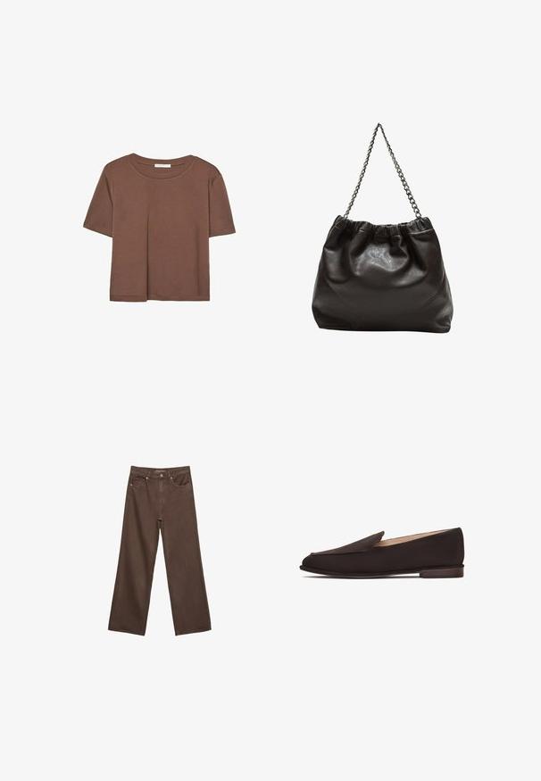 Smeđi kratki rukav majica od mekog materijala, s okruglim izrezom i opuštenim krojem. Nema vidljivih uzoraka ili naglasaka.; Proširene smeđe traperice od denima, s visokim strukom, prednjim džepovima i klasičnom kopčom na dugme. Glatka tekstura s suptilnim šavovima.; Crne loafers cjelovite tkanine s glatkim gornjim dijelom, šiljastim vrhom i niskim drvenim potplatom. Ima jednostavan dizajn koji se lako navlači, bez vidljivog hardvera ili ukrasa.; Smeđa kožna torba s naboranim vrhom i lančićem za nošenje. Glatka tekstura s sjajnim završetkom i suptilnim šavnim detaljima sa strane.