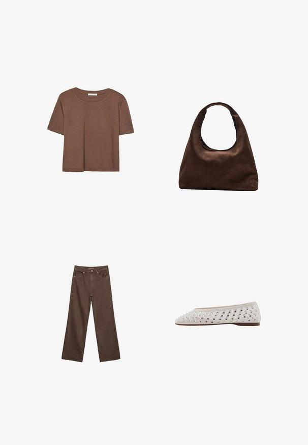 Braunes, kurzärmliges T-Shirt aus weichem Material mit rundem Halsausschnitt und lockerer Passform. Keine sichtbaren Muster oder Akzente.; Weite braune Jeans aus Denim, mit hoher Taille, Fronttaschen und klassischem Knopfverschluss. Glatte Textur mit feinen Nähten.; Ballettschuh aus cremefarbenem Stoff mit silbernen Pailletten in Punktmuster, runde Zehenform und braune, flache Sohle. Strukturierte Oberseite für zusätzliche Details.; Weiche braune Hobo-Stil Handtasche mit einem einzigen breiten Trageriemen und einer geschwungenen Oberteilöffnung, auf einem weißen Hintergrund präsentiert.