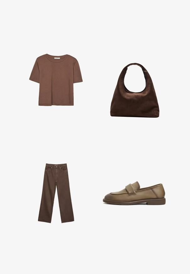 Hnědé tričko s krátkým rukávem vyrobené z měkké látky, s kulatým výstřihem a volným střihem. Bez viditelných vzorů nebo dekorací.; Hnědé džíny s širokými nohavicemi vyrobené z denimu, s vysokým pasem, předními kapsami a klasickým zapínáním na knoflík. Hladká textura s jemným švem.; Hnědé kožené mokasíny s měkkou texturou, s širokým páskem přes nárt a nízkou plochou gumovou podrážkou. Čistý, nenápadný design.; Měkká hnědá kabelka ve stylu hobo s jedním širokým popruhem a zakřiveným horním otvorem, vystavená na bílém pozadí.