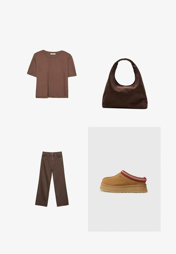 Brown short-sleeve t-shirt made of soft fabric, with a round neckline and relaxed fit. No visible patterns or accents.; Wide-leg brown jeans made of denim, featuring a high waist, front pockets, and a classic button closure. Smooth texture with subtle stitching.; Brown suede slip-on shoe with red and cream patterned trim, textured sole, and UGG logo on side. Features a slight platform height.; Soft brown hobo-style handbag with a single wide strap and a curved top handle opening, displayed on a white background.