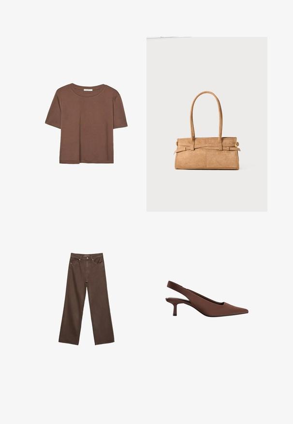 Brun kortærmet t-shirt lavet af blødt stof, med rund halsudskæring og afslappet pasform. Ingen synlige mønstre eller detaljer.; Bredde ben brun denim jeans med høj talje, forlommer og klassisk knaplukning. Glat tekstur med diskret syninger.; Brun slingback hæl sko med spids tå, glat overflade, slank mellemhøj hæl og minimalistisk design.; Tan ruskindtaske med to lange håndtag, rektangulær form og dekorativ syning. Den har en sideløsning og subtile guldfarvede hardware-detaljer.