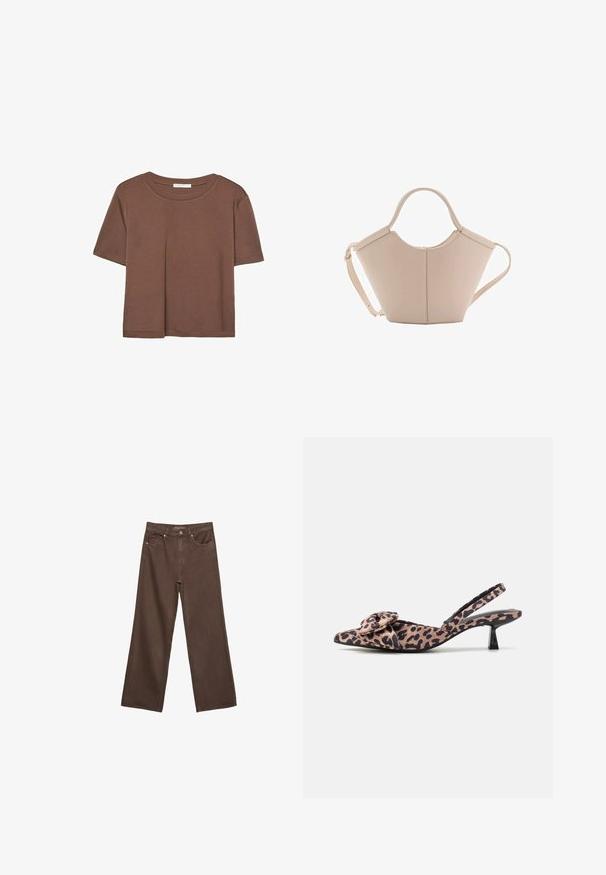 Hnedé tričko s krátkym rukávom vyrobené z jemného materiálu, s okrúhlym výstrihom a voľným strihom. Žiadne viditeľné vzory ani akcenty.; Džínsy s širokými nohavicami v hnedej farbe, vyrobené z denimu, so zvýšeným pásom, prednými vreckami a klasickým zapínaním na gombík. Hladká textúra s jemným prešívaním.; Slingback lodičky s špicatou špičkou v leopardom vzore s mašľou, s nízkym čiernym opätkom a hladkým povrchom.; Béžová kožená kabelka s unikátnym tvarom, vybavená dvoma krátkymi uchami a jedným dlhým nastaviteľným popruhom. Hladký povrch s minimálnym kovovým príslušenstvom.