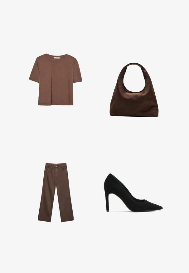 Hnědé tričko s krátkým rukávem vyrobené z měkké látky, s kulatým výstřihem a volným střihem. Bez viditelných vzorů nebo dekorací.; Hnědé džíny s širokými nohavicemi vyrobené z denimu, s vysokým pasem, předními kapsami a klasickým zapínáním na knoflík. Hladká textura s jemným švem.; Černé semišové lodičky na vysokém podpatku s pointed toem, hladkým povrchem a elegantní siluetou; mají střevíčkový podpatek a minimalistický design.; Měkká hnědá kabelka ve stylu hobo s jedním širokým popruhem a zakřiveným horním otvorem, vystavená na bílém pozadí.