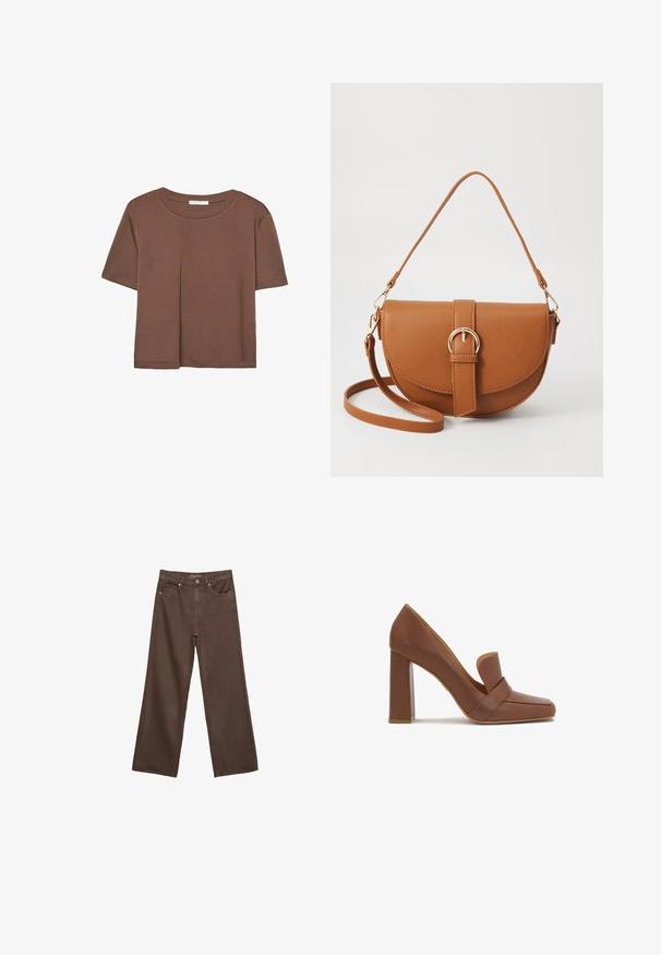 Hnedé tričko s krátkym rukávom vyrobené z jemného materiálu, s okrúhlym výstrihom a voľným strihom. Žiadne viditeľné vzory ani akcenty.; Džínsy s širokými nohavicami v hnedej farbe, vyrobené z denimu, so zvýšeným pásom, prednými vreckami a klasickým zapínaním na gombík. Hladká textúra s jemným prešívaním.; Hnedá kožená vysoká topánka na podpätku so štvorcovou špičkou a širokým popruhom cez prednú časť. Opätok má tvar bloku a je pevný.; Hnedá kožená kabelka cez telo s zakriveným tvarom, zlatými kovovými doplnkami a akcentom s prackou. Obsahuje odnímateľný ramenný popruh.