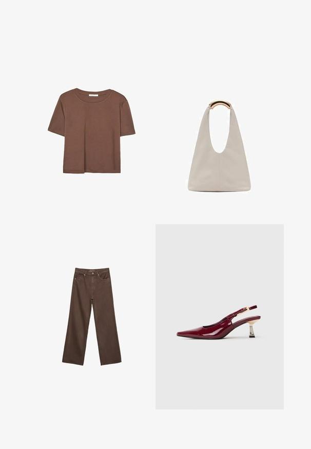 Hnědé tričko s krátkým rukávem vyrobené z měkké látky, s kulatým výstřihem a volným střihem. Bez viditelných vzorů nebo dekorací.; Hnědé džíny s širokými nohavicemi vyrobené z denimu, s vysokým pasem, předními kapsami a klasickým zapínáním na knoflík. Hladká textura s jemným švem.; Lesklý vínový slingback s špičatou špičkou, se zlatým sponou a středně vysokým kovovým blokovým podpatkem na bílém pozadí.; Světlá šedá kožená taška s U-tvarovaným designem a zakřivenou kovovou rukojetí. Hladký povrch s minimálním šitím a bez viditelných vzorů.