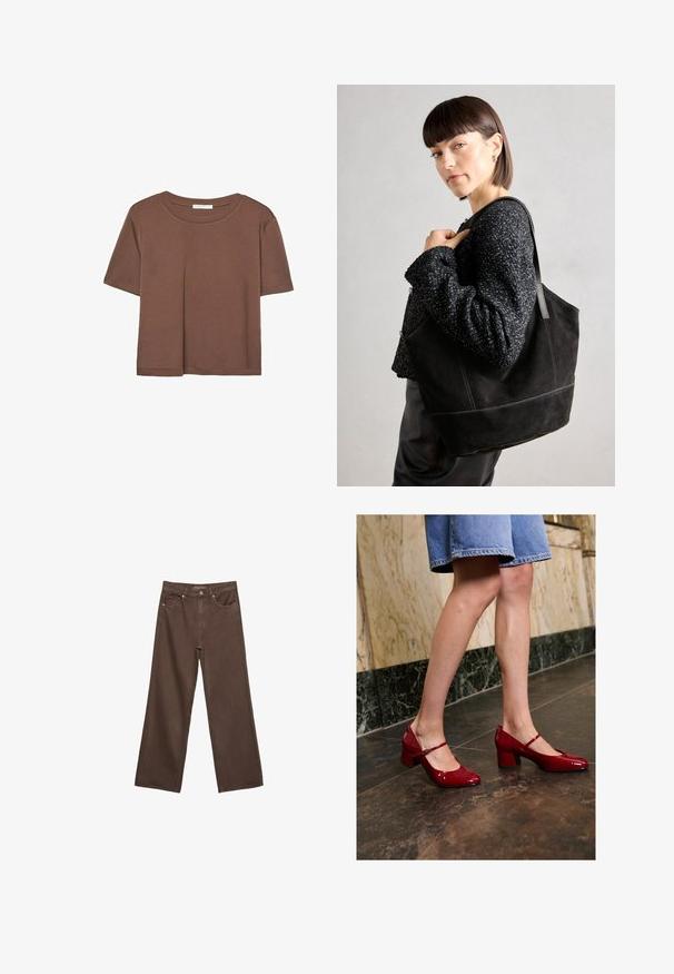 Smeđi kratki rukav majica od mekog materijala, s okruglim izrezom i opuštenim krojem. Nema vidljivih uzoraka ili naglasaka.; Proširene smeđe traperice od denima, s visokim strukom, prednjim džepovima i klasičnom kopčom na dugme. Glatka tekstura s suptilnim šavovima.; Osoba u sjajnim crvenim Mary Jane potpeticama s blokovima i plavoj traper suknji stoji na tamnom pločicama bliži mramornom zidu.; Crna suede torba s glatkom teksturom, strukturiranim oblikom i kontrastnim šavovima. Ima duge trake za nošenje preko ramena.