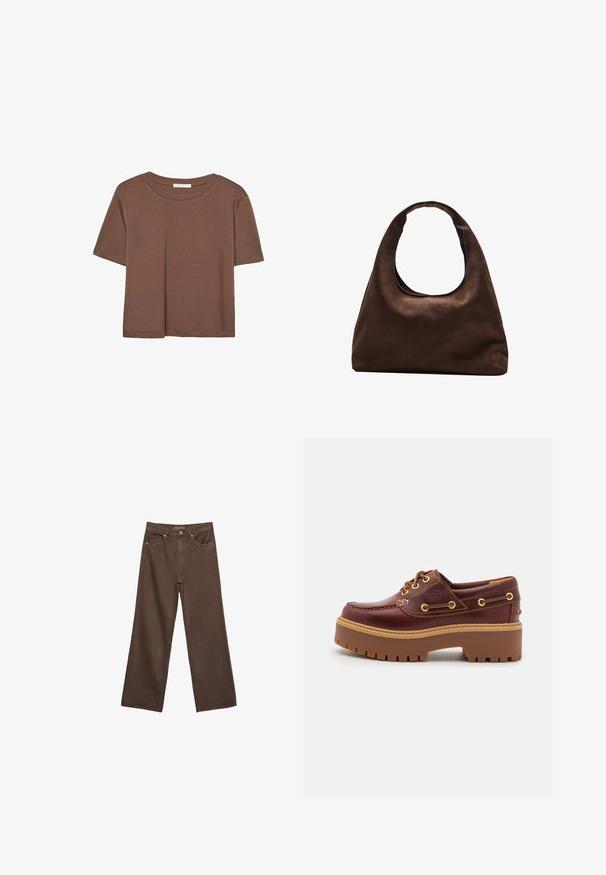 Brązowa koszulka z krótkim rękawem, wykonana z miękkiego materiału, z okrągłym dekoltem i luźnym krojem. Brak widocznych wzorów lub akcentów.; Szerokie brązowe dżinsy wykonane z denimu, z wysokim stanem, przednimi kieszeniami i klasycznym zapięciem na guzik. Gładka faktura z subtelnym przeszyciem.; Brązowe skórzane buty typu boat shoe z grubą brązową gumową podeszwą, złotymi oczkami i kontrastowym szwem. Posiadają logo na boku.; Miękka, brązowa torebka w stylu hobo z jedną szeroką rączką i wyprofilowanym otwarciem, wyeksponowana na białym tle.