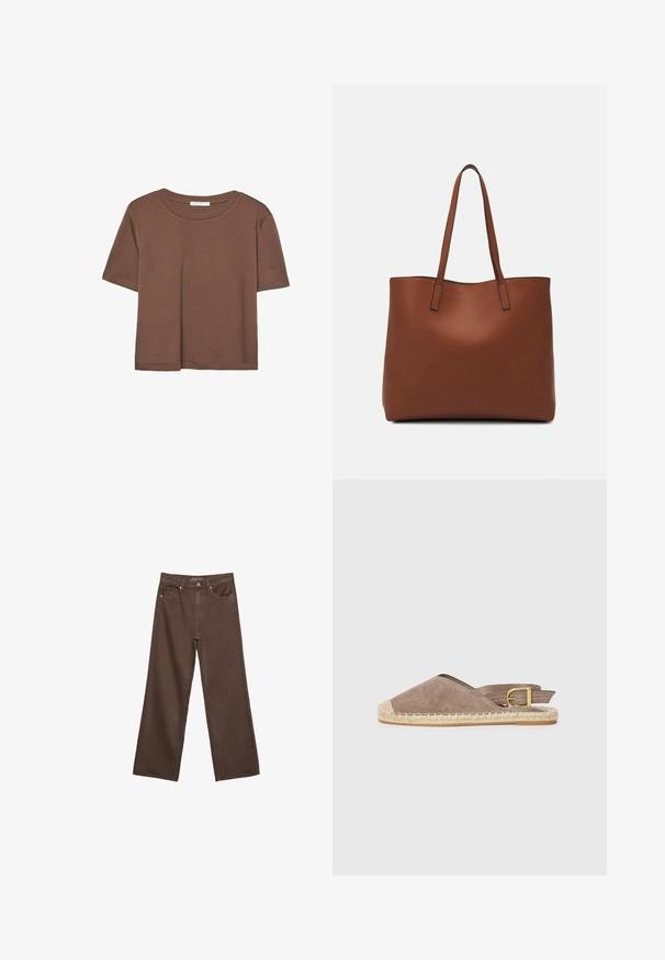 Braunes, kurzärmliges T-Shirt aus weichem Material mit rundem Halsausschnitt und lockerer Passform. Keine sichtbaren Muster oder Akzente.; Weite braune Jeans aus Denim, mit hoher Taille, Fronttaschen und klassischem Knopfverschluss. Glatte Textur mit feinen Nähten.; Suede-Espadrille-Sandaletten in Taupe, offenes Design hinten, Jutesohle, flacher Absatz, mit verstellbarem Schnallenakzent, mit kontrastierendem beigen Zehenbereich.; Braune Leder-Tote mit glatter Textur, offenem Oberteil und zwei Schulterriemen. Verfügt über minimale Nähte und keine sichtbaren Beschläge.