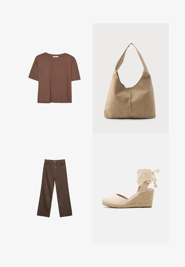 Hnedé tričko s krátkym rukávom vyrobené z jemného materiálu, s okrúhlym výstrihom a voľným strihom. Žiadne viditeľné vzory ani akcenty.; Džínsy s širokými nohavicami v hnedej farbe, vyrobené z denimu, so zvýšeným pásom, prednými vreckami a klasickým zapínaním na gombík. Hladká textúra s jemným prešívaním.; Bežové espadrilové wedges so pláteným vrchom, otvorenou špičkou a jemnými stuhami. Textúrovaný jutový klin so zpleteným vzorom.; Hobo taška z mäkkej béžovej semišovej kože so splývavým tvarom, širokým ramenným popruhom a ručne šitým detailom švu na prednej strane.
