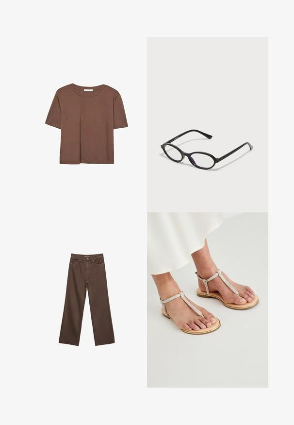 Hnědé tričko s krátkým rukávem vyrobené z měkké látky, s kulatým výstřihem a volným střihem. Bez viditelných vzorů nebo dekorací.; Hnědé džíny s širokými nohavicemi vyrobené z denimu, s vysokým pasem, předními kapsami a klasickým zapínáním na knoflík. Hladká textura s jemným švem.; Ploché sandály mají světlou opálenou koženou podrážku se zlatým lemováním. Popruhy jsou stříbrné s texturovaným povrchem a upevňují se na kotníku.; Černé brýle oválného tvaru s průhlednými purpurovými akcenty na čočkách. Rám má matný povrch a štíhlé, rovné nožičky.; Hnědá kožená taška přes rameno s hladkou texturou, otevřeným designem a dvěma ramenními popruhy. Obsahuje minimální švy a žádné viditelné kovové prvky.