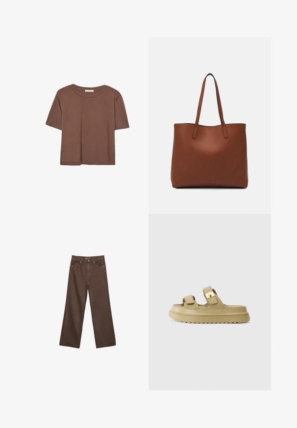 Smeđi kratki rukav majica od mekog materijala, s okruglim izrezom i opuštenim krojem. Nema vidljivih uzoraka ili naglasaka.; Proširene smeđe traperice od denima, s visokim strukom, prednjim džepovima i klasičnom kopčom na dugme. Glatka tekstura s suptilnim šavovima.; Bež sandale na klizanje s dva podesiva remena i zlatnom kopčom. Izrađene od glatkog sintetičkog materijala. Teksturirana gumena potplat.; Smeđa kožna torba preko ramena s glatkom teksturom, otvorenim vrhom i dvjema naramenicama. Ima minimalne šavove i nema vidljivog hardvera.