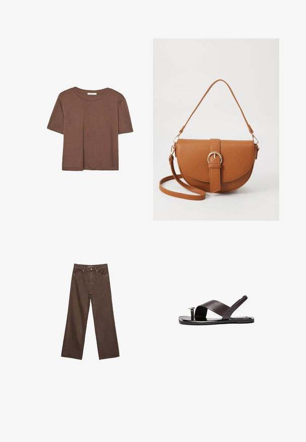 Hnědé tričko s krátkým rukávem vyrobené z měkké látky, s kulatým výstřihem a volným střihem. Bez viditelných vzorů nebo dekorací.; Hnědé džíny s širokými nohavicemi vyrobené z denimu, s vysokým pasem, předními kapsami a klasickým zapínáním na knoflík. Hladká textura s jemným švem.; Hnědé kožené sandály s designem křížového popruhu, plochou podrážkou a malým kulatým prvkem. Hladká textura, minimalistický styl.; Hnědá kožená křížová taška s zakřiveným tvarem, zlatými detaily a akcentem s přezkou. Obsahuje odnímatelný popruh na rameno.