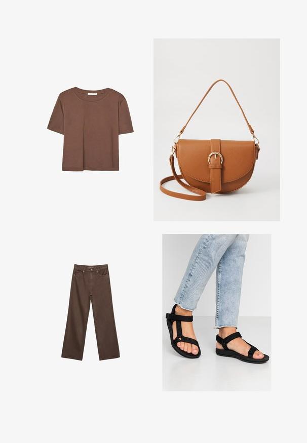Braunes, kurzärmliges T-Shirt aus weichem Material mit rundem Halsausschnitt und lockerer Passform. Keine sichtbaren Muster oder Akzente.; Weite braune Jeans aus Denim, mit hoher Taille, Fronttaschen und klassischem Knopfverschluss. Glatte Textur mit feinen Nähten.; Schwarze Sandalen mit verstellbaren Riemen. Weiches, strukturiertes Material und eine geformte Fußbett. Kombiniert mit hellblauen, abgewetzten Jeans.; Braune Leder-Crossbody-Tasche mit geschwungener Form, goldfarbenen Beschlägen und einer Schnallenakzentuierung. Verfügt über einen abnehmbaren Schultergurt.