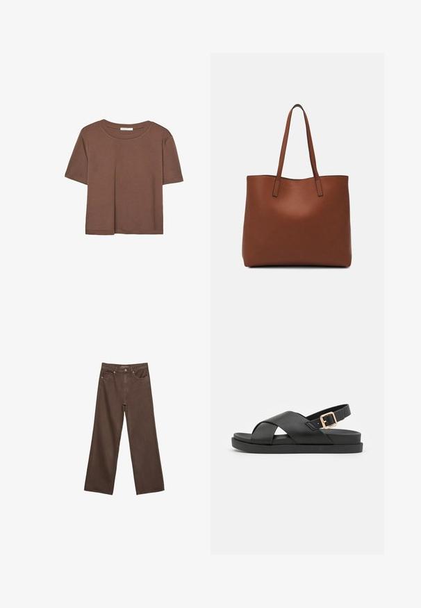 Brązowa koszulka z krótkim rękawem, wykonana z miękkiego materiału, z okrągłym dekoltem i luźnym krojem. Brak widocznych wzorów lub akcentów.; Szerokie brązowe dżinsy wykonane z denimu, z wysokim stanem, przednimi kieszeniami i klasycznym zapięciem na guzik. Gładka faktura z subtelnym przeszyciem.; Czarne sandały slingback z krzyżującymi się paskami, wykonane z teksturowanego materiału. Posiadają płaską podeszwę oraz złotą klamrę akcentującą na pięcie.; Brązowa skórzana torba tote o gładkiej fakturze, z otwartym wierzchem i dwoma ramiączkami. Charakteryzuje się minimalnym przeszyciem i brakiem widocznych elementów metalowych.