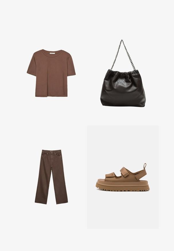 Brązowa koszulka z krótkim rękawem, wykonana z miękkiego materiału, z okrągłym dekoltem i luźnym krojem. Brak widocznych wzorów lub akcentów.; Szerokie brązowe dżinsy wykonane z denimu, z wysokim stanem, przednimi kieszeniami i klasycznym zapięciem na guzik. Gładka faktura z subtelnym przeszyciem.; UGG - Sandały na platformie; Brązowa skórzana torba z marszczonym szczytem i łańcuszkowym paskiem. Gładka tekstura z błyszczącym wykończeniem i subtelnymi detalami szwów po bokach.