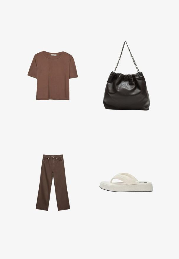Brun kortærmet t-shirt lavet af blødt stof, med rund halsudskæring og afslappet pasform. Ingen synlige mønstre eller detaljer.; Bredde ben brun denim jeans med høj talje, forlommer og klassisk knaplukning. Glat tekstur med diskret syninger.; Beige flip-flop med et tekstureret stof øverste, to remme og en flad, polstret sål med en sort ydersål. Enkel, minimalistisk design.; Brun lædertaske med en rynket top og en kædestrop. Glat tekstur med en blank finish og subtile sømdetaljer på siderne.
