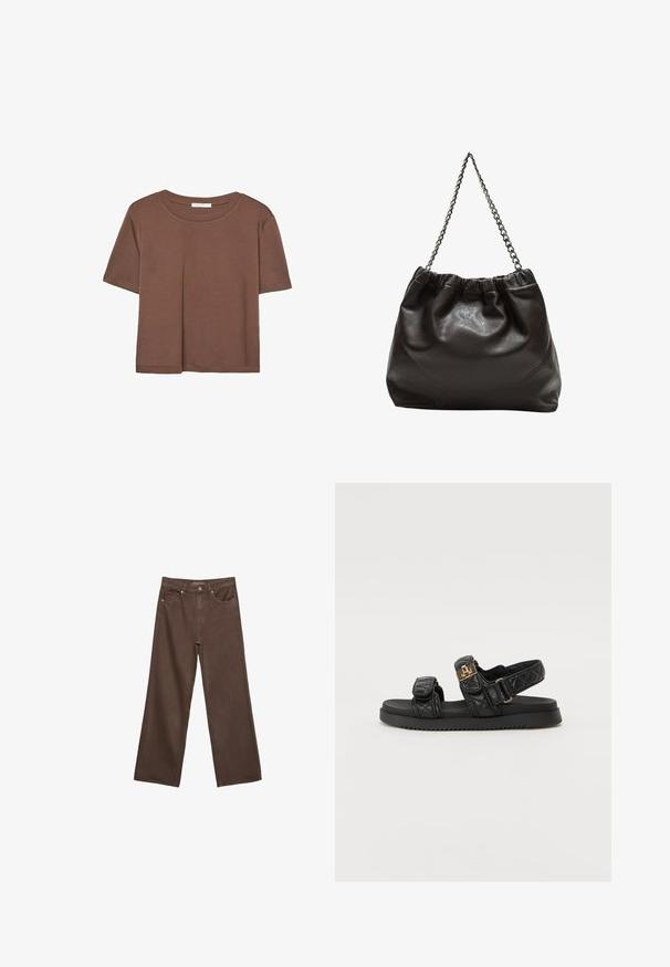 Braunes, kurzärmliges T-Shirt aus weichem Material mit rundem Halsausschnitt und lockerer Passform. Keine sichtbaren Muster oder Akzente.; Weite braune Jeans aus Denim, mit hoher Taille, Fronttaschen und klassischem Knopfverschluss. Glatte Textur mit feinen Nähten.; Schwarze, gesteppte Sandalen mit zwei verstellbaren Riemen, goldenen Akzenten und einer strukturierten schwarzen Sohle. Elegantes und zeitgemäßes Design.; Braune Lederhandtasche mit gerafftem Oberteil und Kettenriemen. Glatte Textur mit glänzendem Finish und subtilen Nahtdetails an den Seiten.
