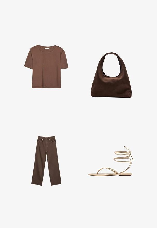 Hnědé tričko s krátkým rukávem vyrobené z měkké látky, s kulatým výstřihem a volným střihem. Bez viditelných vzorů nebo dekorací.; Hnědé džíny s širokými nohavicemi vyrobené z denimu, s vysokým pasem, předními kapsami a klasickým zapínáním na knoflík. Hladká textura s jemným švem.; Zlaté ploché sandály s tenkými spirálovými kotníkovými popruhy, otevřenou špičkou a minimalistickou podrážkou. Mají hladký, metalický povrch.; Měkká hnědá kabelka ve stylu hobo s jedním širokým popruhem a zakřiveným horním otvorem, vystavená na bílém pozadí.