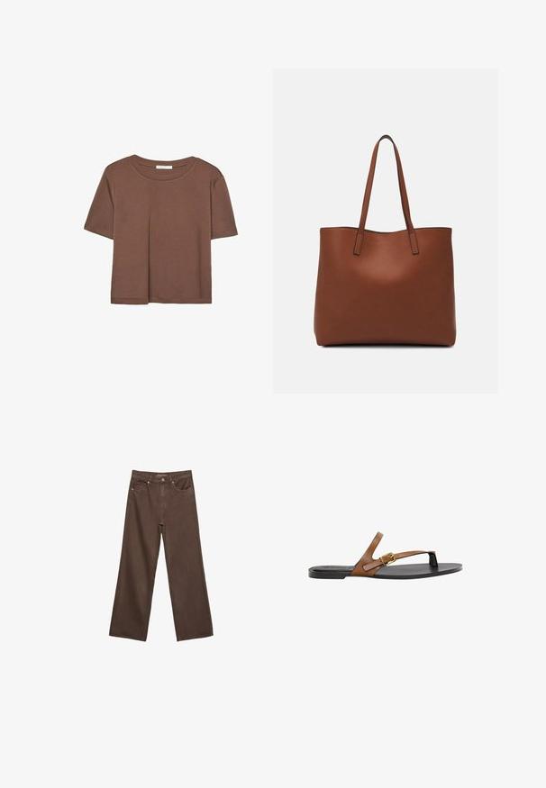 Rjava kratka majica s kratkimi rokavi iz mehkega materiala, s krožnim izrezom in ohlapnim krojem. Brez vidnih vzorcev ali dodatkov.; Široke rjave kavbojke iz denima, ki imajo visok pas, sprednje žepe in klasično zapiranje na gumb. Gladka tekstura s subtilnim šivom.; Svetlo rjave usnjene sandale s thong obliko in zlatim detajlom s sponko, ravnim črnim podplatom in minimalističnim dizajnom, ki ima gladko teksturo.; Rjava usnjena torba z gladko teksturo, odprto zasnovo zgoraj in dvema naramnima trakovoma. Opremljena je z minimalnim šivanjem in brez vidnih kovinskih delov.