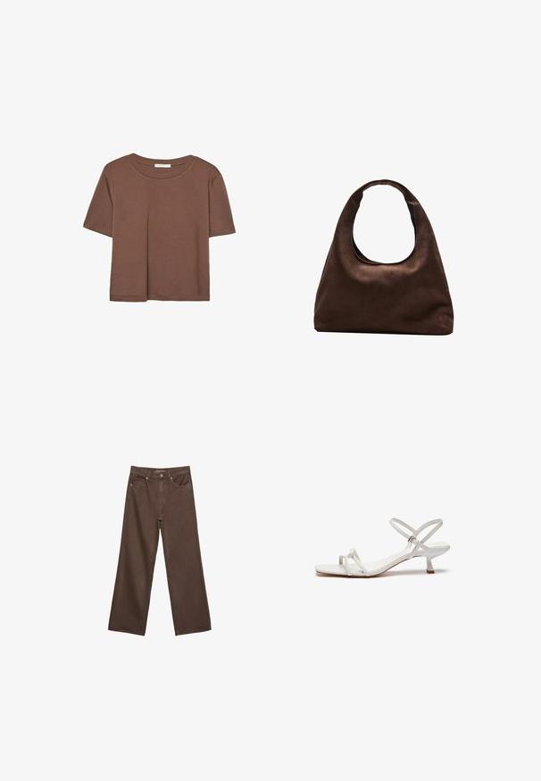 Brązowa koszulka z krótkim rękawem, wykonana z miękkiego materiału, z okrągłym dekoltem i luźnym krojem. Brak widocznych wzorów lub akcentów.; Szerokie brązowe dżinsy wykonane z denimu, z wysokim stanem, przednimi kieszeniami i klasycznym zapięciem na guzik. Gładka faktura z subtelnym przeszyciem.; Białe sandały na paski z niskim słupkiem, płaską podeszwą i regulowanym paskiem wokół kostki. Gładki materiał z prostym wzorem.; Miękka, brązowa torebka w stylu hobo z jedną szeroką rączką i wyprofilowanym otwarciem, wyeksponowana na białym tle.