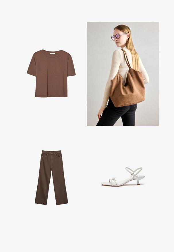 Brun kortærmet t-shirt lavet af blødt stof, med rund halsudskæring og afslappet pasform. Ingen synlige mønstre eller detaljer.; Bredde ben brun denim jeans med høj talje, forlommer og klassisk knaplukning. Glat tekstur med diskret syninger.; Hvide stroppesandaler med en lav blokhæl, flad sål og justerbar ankelrem. Glat materiale med et enkelt design.; Brun ruskind tote taske med blød tekstur, stor åbning og lange stropper. Har et enkelt design med synlige syninger og ingen hardware.