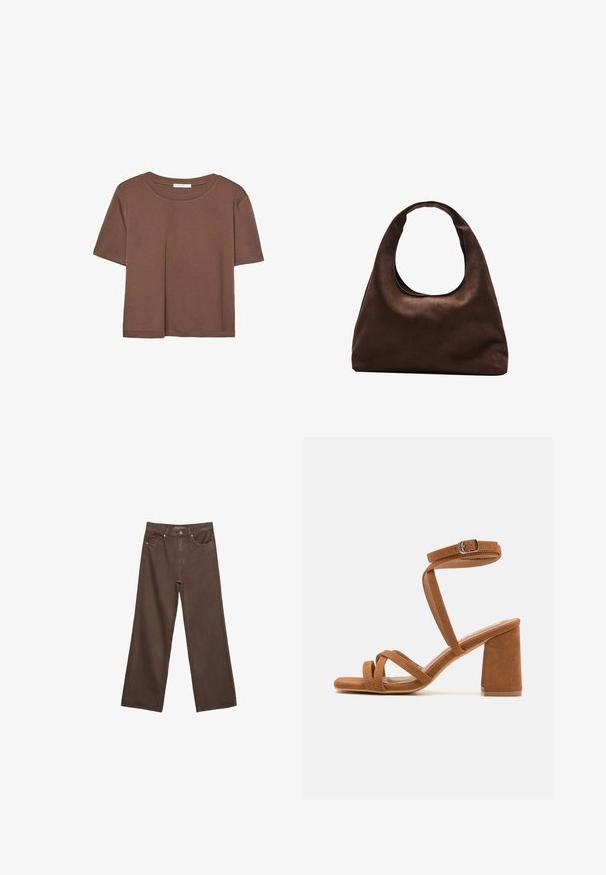 Brown short-sleeve t-shirt made of soft fabric, with a round neckline and relaxed fit. No visible patterns or accents.; Wide-leg brown jeans made of denim, featuring a high waist, front pockets, and a classic button closure. Smooth texture with subtle stitching.; Brown faux suede heeled sandals with a wide block heel, multiple crisscross straps, and an adjustable ankle buckle. Soft texture, open toe design.; Soft brown hobo-style handbag with a single wide strap and a curved top handle opening, displayed on a white background.