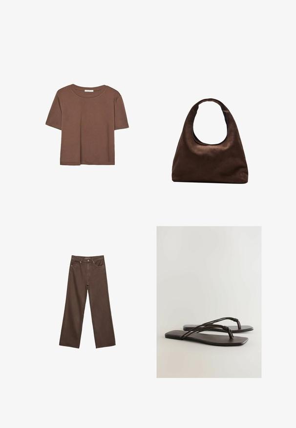 Maglietta a maniche corte marrone realizzata in tessuto morbido, con scollatura rotonda e vestibilità rilassata. Nessun motivo o dettaglio visibile.; Jeans a gamba larga marroni in denim, con vita alta, tasche anteriori e chiusura a bottone classica. Tessuto liscio con cuciture sottili.; Sandali neri piatti con un design minimalista, caratterizzati da sottili cinturini annodati e una suola liscia e piatta. Il materiale sembra morbido e flessibile.; Borsa hobo di un morbido marrone con una sola tracolla larga e un'apertura a manico curvo, esposta su uno sfondo bianco.