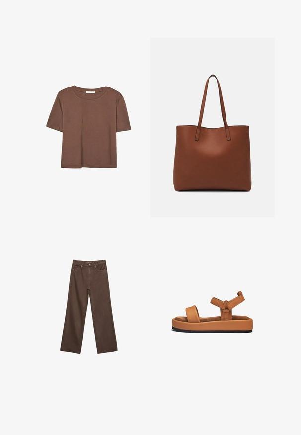 Brun kortærmet t-shirt lavet af blødt stof, med rund halsudskæring og afslappet pasform. Ingen synlige mønstre eller detaljer.; Bredde ben brun denim jeans med høj talje, forlommer og klassisk knaplukning. Glat tekstur med diskret syninger.; Brune lædersandaler med platform, brede stropper, justerbare lukninger, en blød indersål og en struktureret sort gummiydersål.; Brun læder tote taske med en glat overflade, åben topdesign og to skulderremme. Har minimal syning og ingen synlig hardware.
