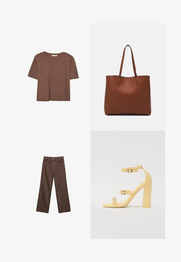 Hnědé tričko s krátkým rukávem vyrobené z měkké látky, s kulatým výstřihem a volným střihem. Bez viditelných vzorů nebo dekorací.; Hnědé džíny s širokými nohavicemi vyrobené z denimu, s vysokým pasem, předními kapsami a klasickým zapínáním na knoflík. Hladká textura s jemným švem.; Žluté sandály na blokovém podpatku se třemi nastavitelnými popruhy, čtvercový tvar špičky, hladký syntetický materiál a stříbrné spony.; Hnědá kožená taška přes rameno s hladkou texturou, otevřeným designem a dvěma ramenními popruhy. Obsahuje minimální švy a žádné viditelné kovové prvky.
