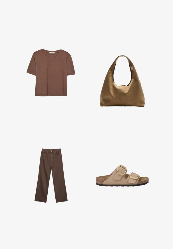 Brown short-sleeve t-shirt made of soft fabric, with a round neckline and relaxed fit. No visible patterns or accents.; Wide-leg brown jeans made of denim, featuring a high waist, front pockets, and a classic button closure. Smooth texture with subtle stitching.; Beige two-strap sandal featuring soft suede upper, gold-tone hardware buckles, cork footbed, and textured rubber sole.; Brown fabric shoulder bag with a wide, rounded body and a large cutout handle. Soft texture, minimalistic design, and no visible hardware.